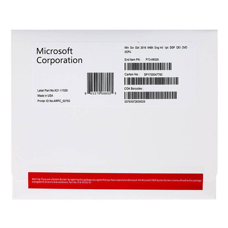 Microsoft Windows Server 2016 DataCenter COA key for 2CPU/2VM 24CORE OEM DVD Pack - INFINITE-ITECH